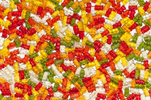 Gummy bears are small, fruit gum candies, similar to a jelly baby in some English speaking countries.